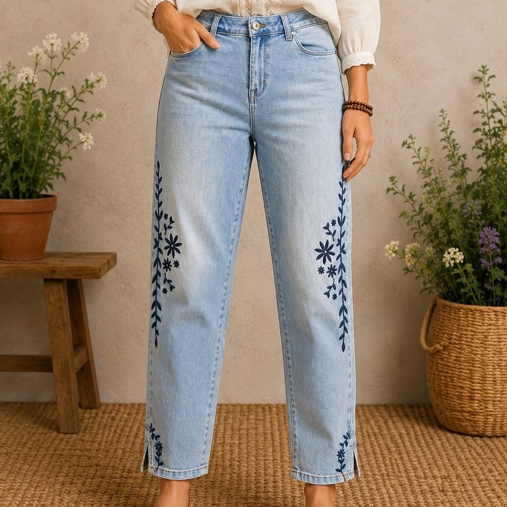 Style & Co Petite‎ Light Wash Embroidered Floral Ankle Jeans Blue Size 8P